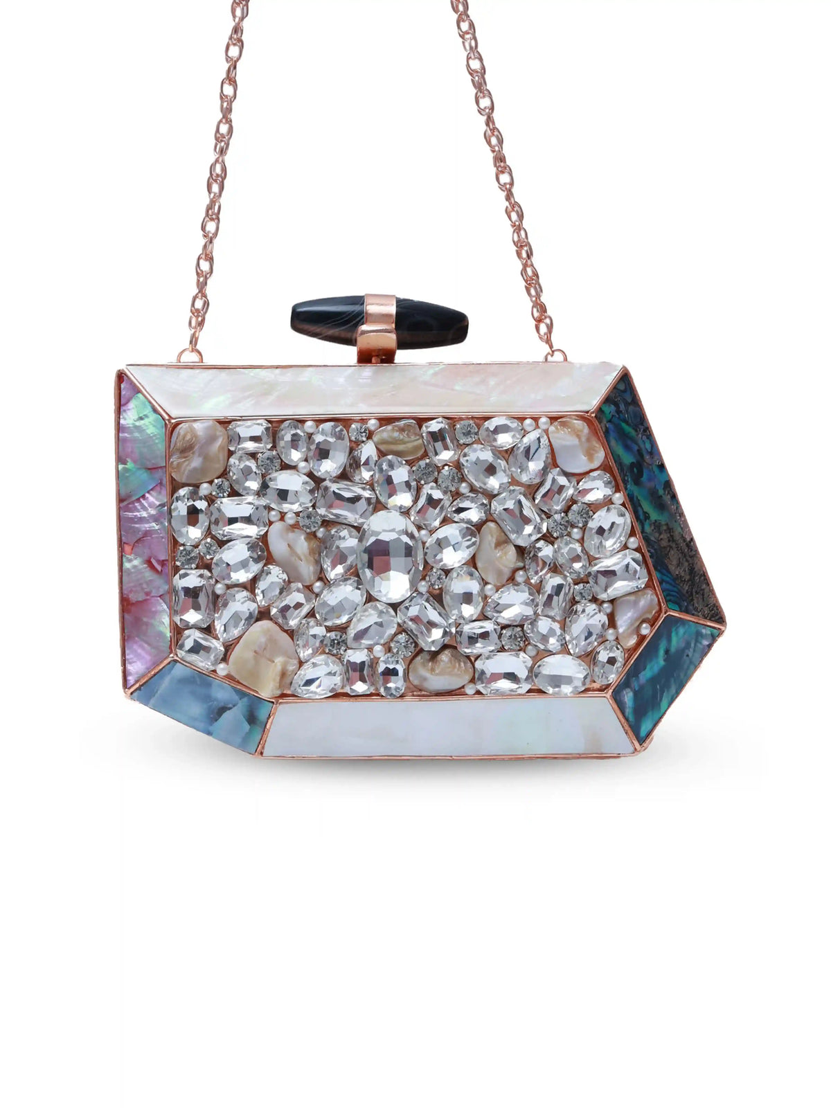 Hannah embellished mother of pearl clutch by The Tan Clan featuring intricate beadwork and a sleek, elegant design.