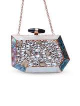 Hannah embellished mother of pearl clutch by The Tan Clan featuring intricate beadwork and a sleek, elegant design.