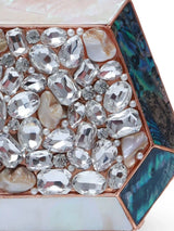 Hannah Embellished Mother of Pearl Clutch by The Tan Clan showing intricate pearl embellishments and sleek design.