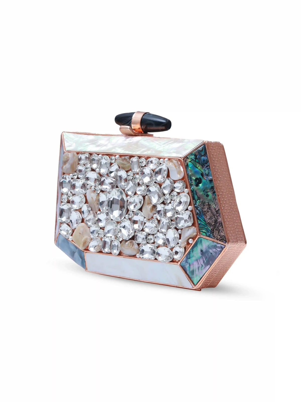 Hannah embellished mother of pearl clutch bag by The Tan Clan, featuring intricate beadwork and a sleek rectangular design.