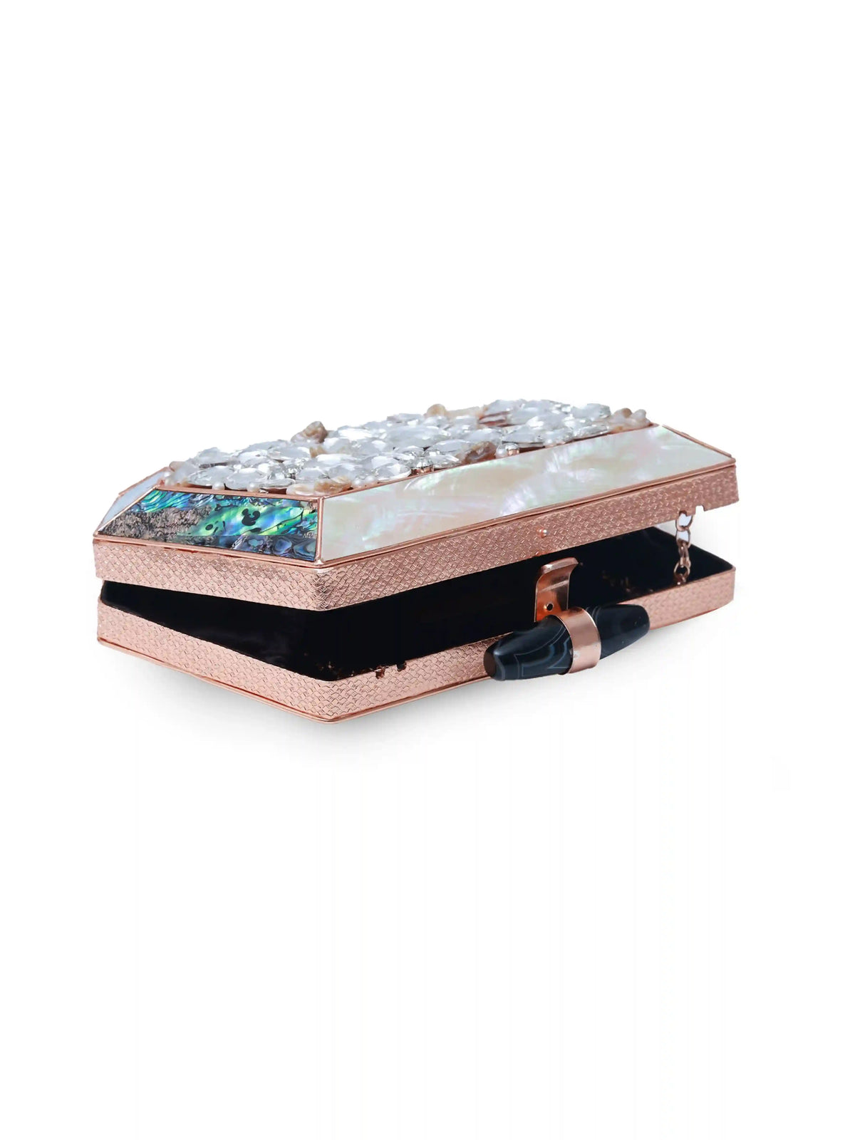 Hannah embellished mother of pearl clutch by The Tan Clan, featuring intricate beadwork and a sleek rectangular design.