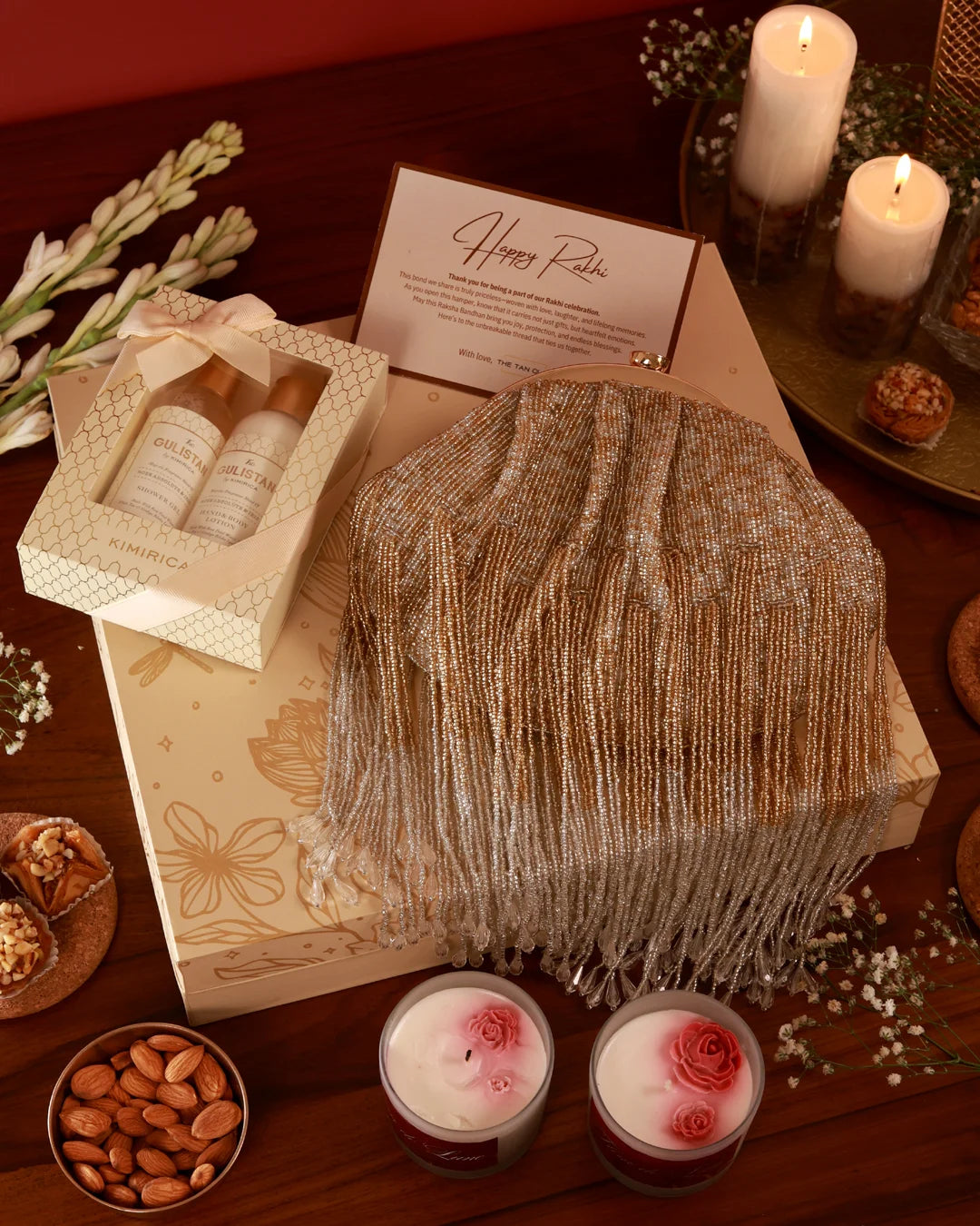Her Pamper Hamper by The Tan Clan featuring skincare products, plush towels, and accessories in a luxurious gift set.