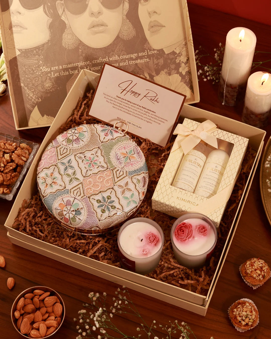 Her Pamper Hamper Mughal by The Tan Clan featuring luxurious skincare products in an elegant gift box.