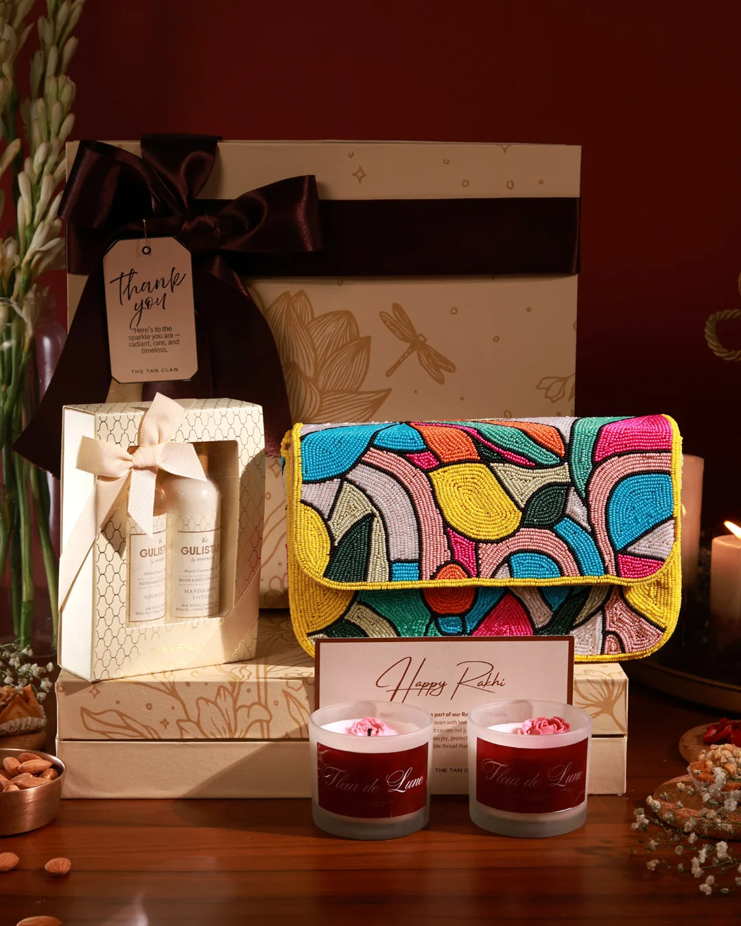 Her Pamper Hamper by The Tan Clan featuring skincare products, cozy accessories, and a luxurious presentation in a gift box.