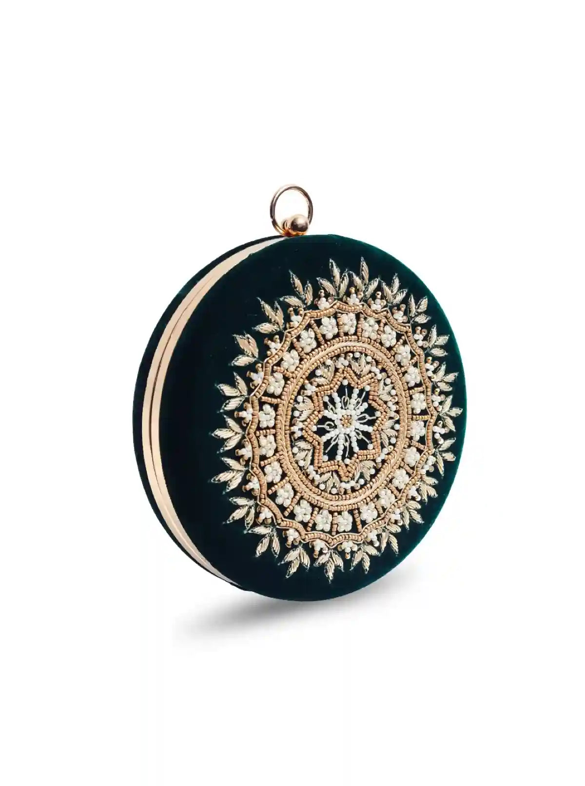 Green round embroidered clutch bag by The Tan Clan featuring intricate hand embroidery and a stylish design.