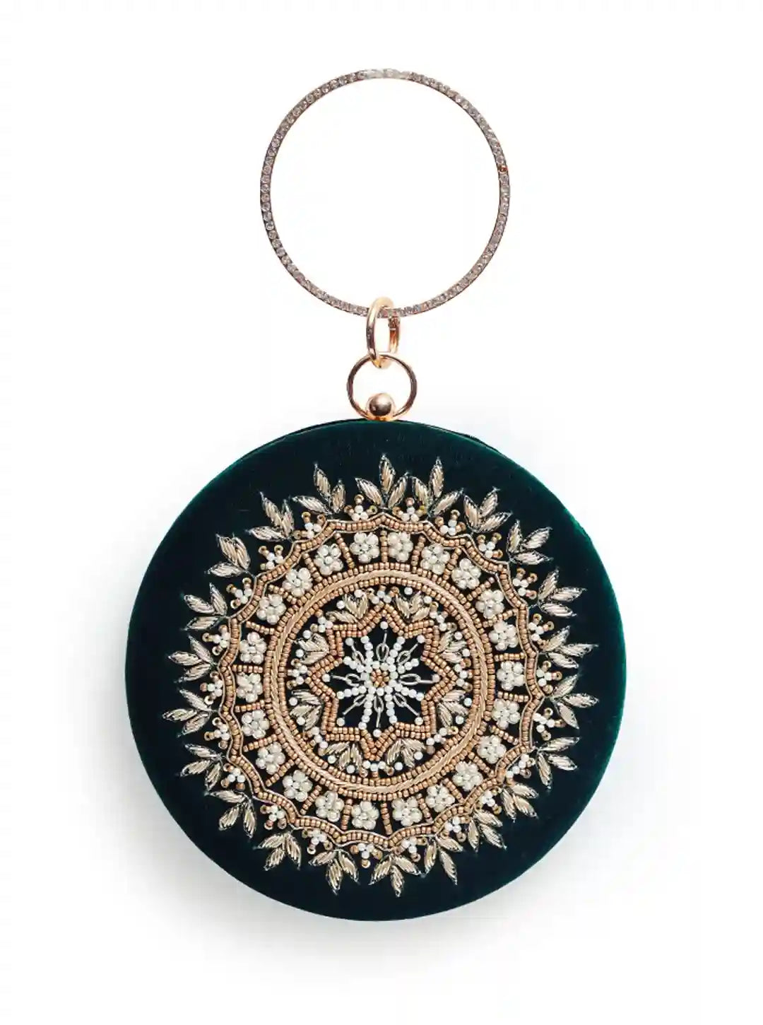 Green round clutch bag with intricate hand embroidery by The Tan Clan, featuring traditional design and detailed craftsmanship.
