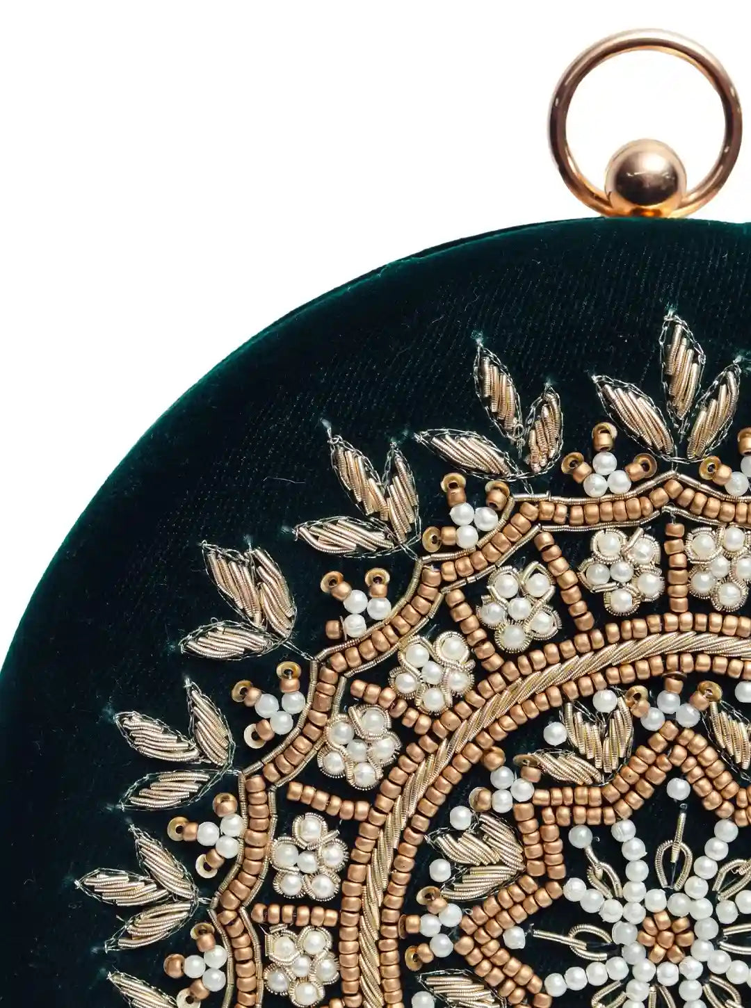 Green round clutch bag with hand embroidery from The Tan Clan, featuring intricate floral patterns and a stylish design.