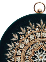 Green round clutch bag with hand embroidery from The Tan Clan, featuring intricate floral patterns and a stylish design.