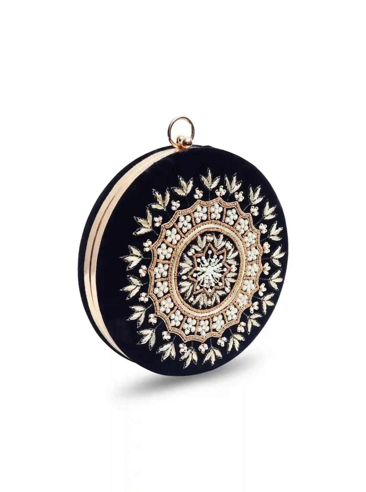 Round hand-embroidered clutch bag from The Tan Clan with intricate embroidery and a compact, stylish design.