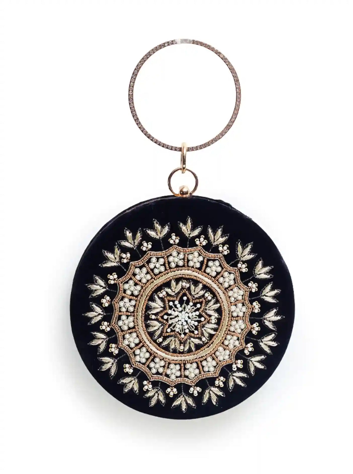 Ifrah round hand-embroidered clutch by The Tan Clan featuring intricate embroidery and a compact, stylish design.