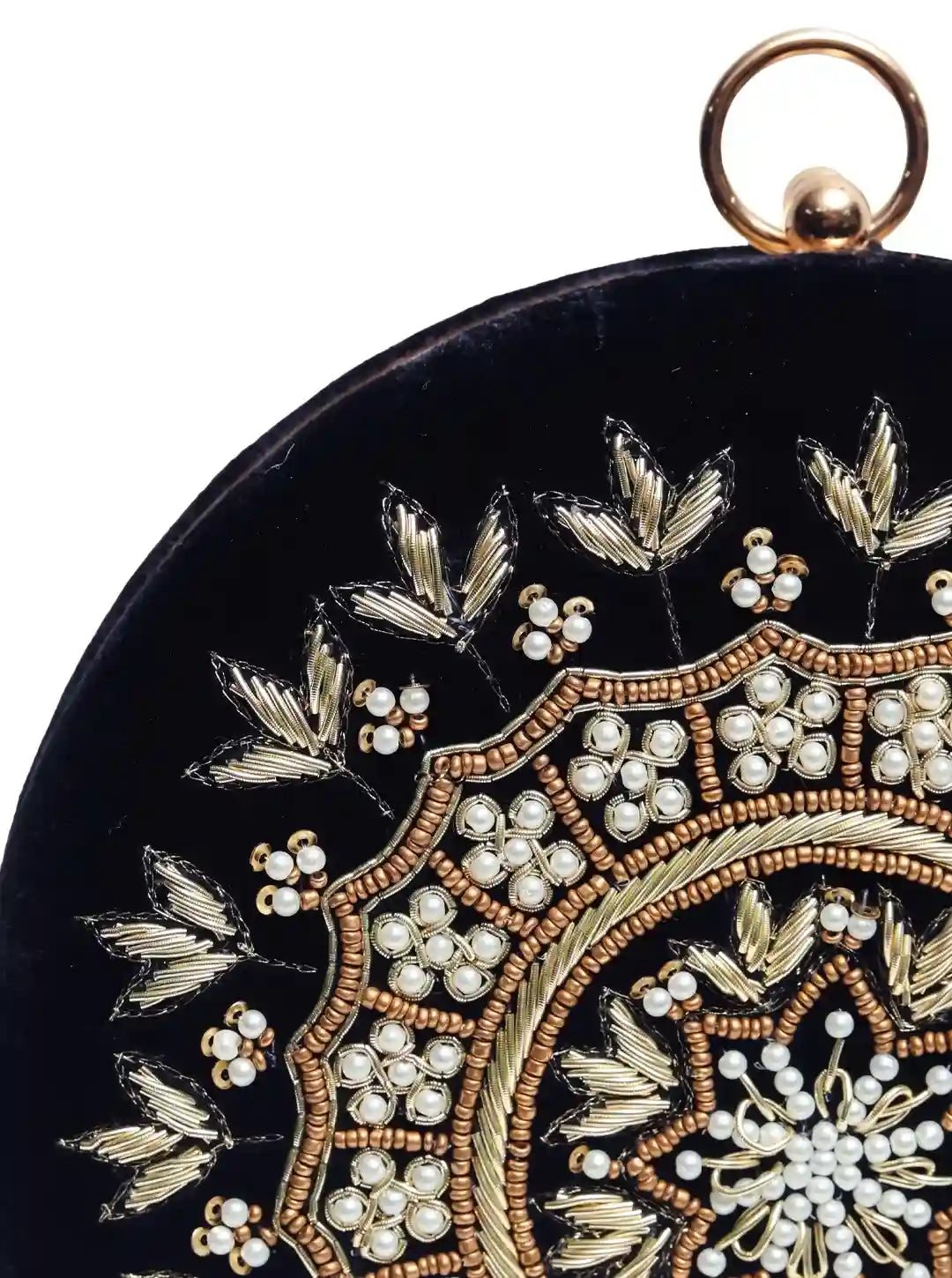 Ifrah round hand-embroidered clutch bag by The Tan Clan featuring intricate embroidery and a compact, stylish design.