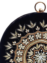 Ifrah round hand-embroidered clutch bag by The Tan Clan featuring intricate embroidery and a compact, stylish design.