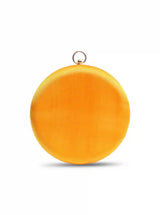 Yellow round hand-embroidered clutch purse with intricate embroidery, designed by The Tan Clan.