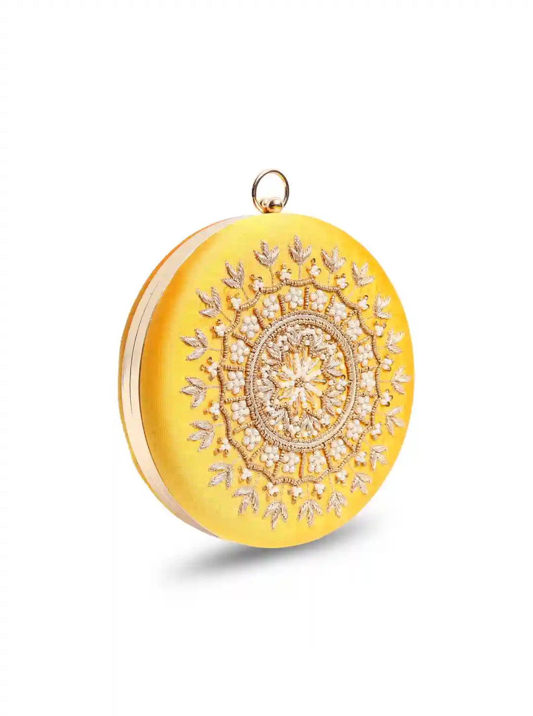Yellow round hand-embroidered clutch bag by The Tan Clan featuring intricate embroidery and a compact, stylish design.