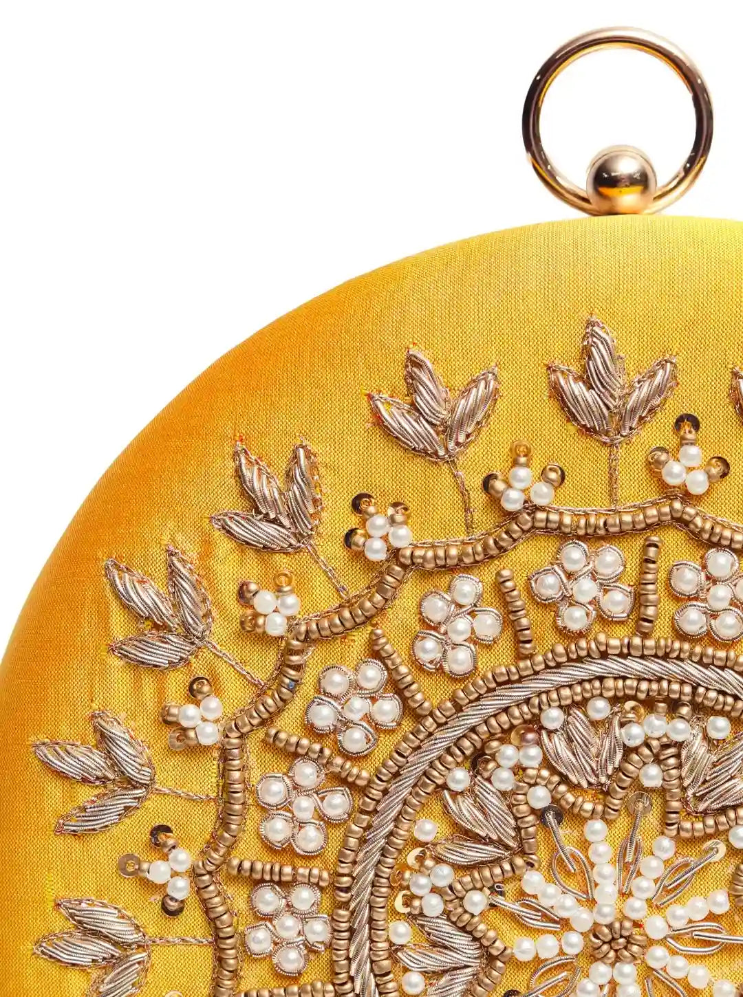 Yellow round embroidered clutch bag with intricate hand embroidery, featuring a stylish design from The Tan Clan.