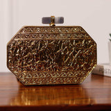 Inaayat brass clutch with mother of pearl detailing by The Tan Clan, showcasing a handcrafted elegant evening bag.