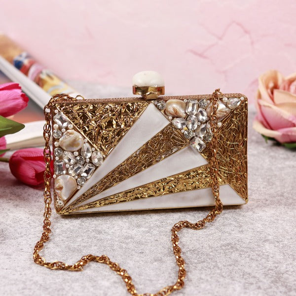 Iqra embellished mother of pearl clutch by The Tan Clan, featuring intricate design and elegant craftsmanship.