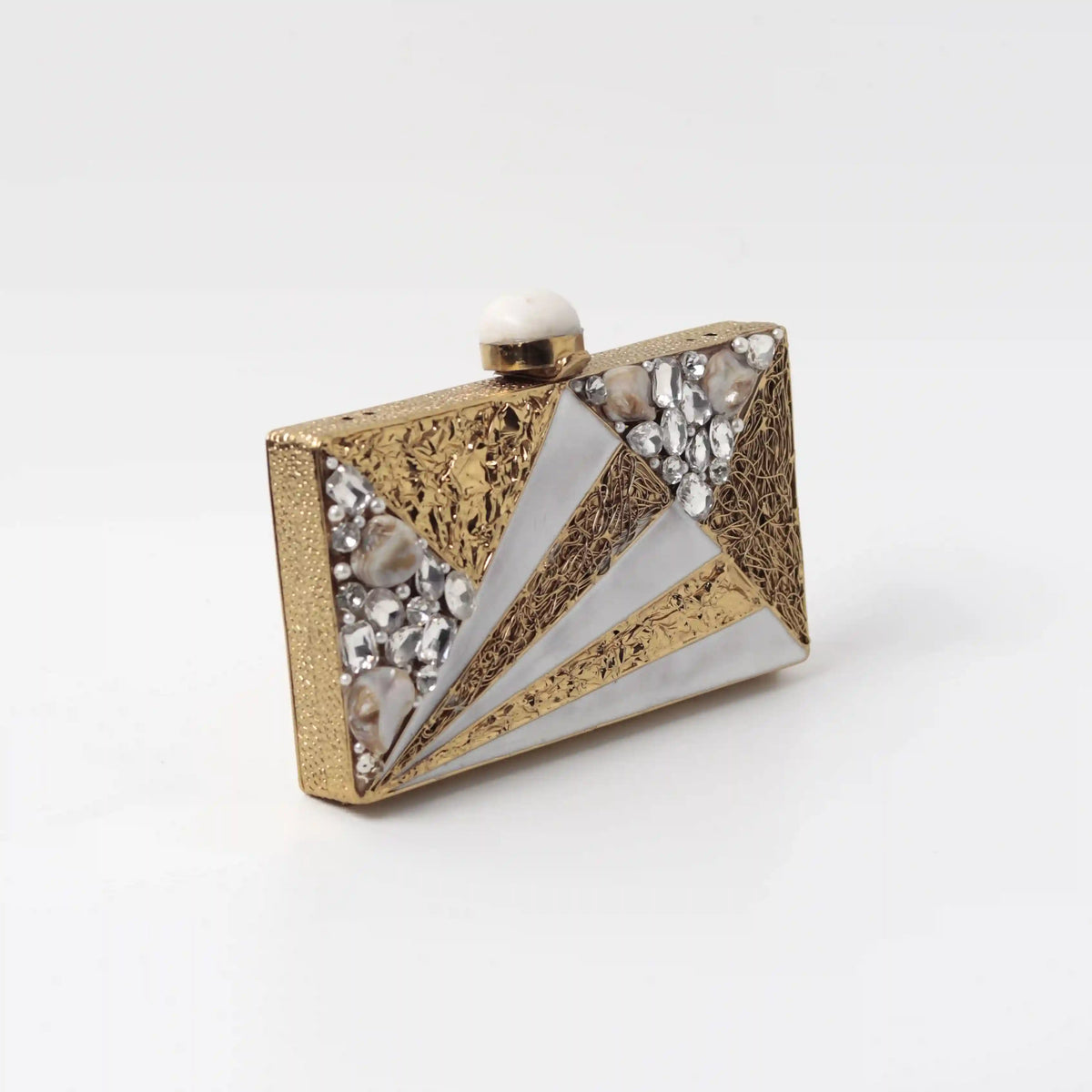 Elegant Iqra embellished mother of pearl clutch by The Tan Clan with intricate detailing and a sleek, stylish design.
