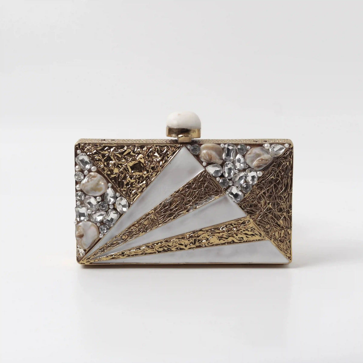 Decorative Iqra Embellished Mother of Pearl Clutch by The Tan Clan, featuring intricate pearl embellishments and a sleek design.