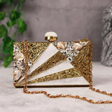 Elegant Iqra embellished mother of pearl clutch by The Tan Clan with intricate detailing and a luxurious finish.