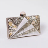 Elegant Iqra embellished mother of pearl clutch by The Tan Clan, featuring intricate detailing and a sleek design.