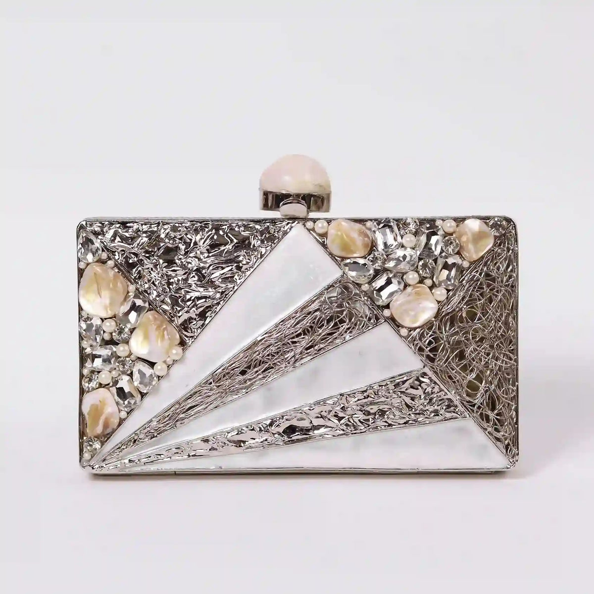 Iqra embellished mother of pearl clutch by The Tan Clan, featuring intricate detailing and a polished, elegant design.