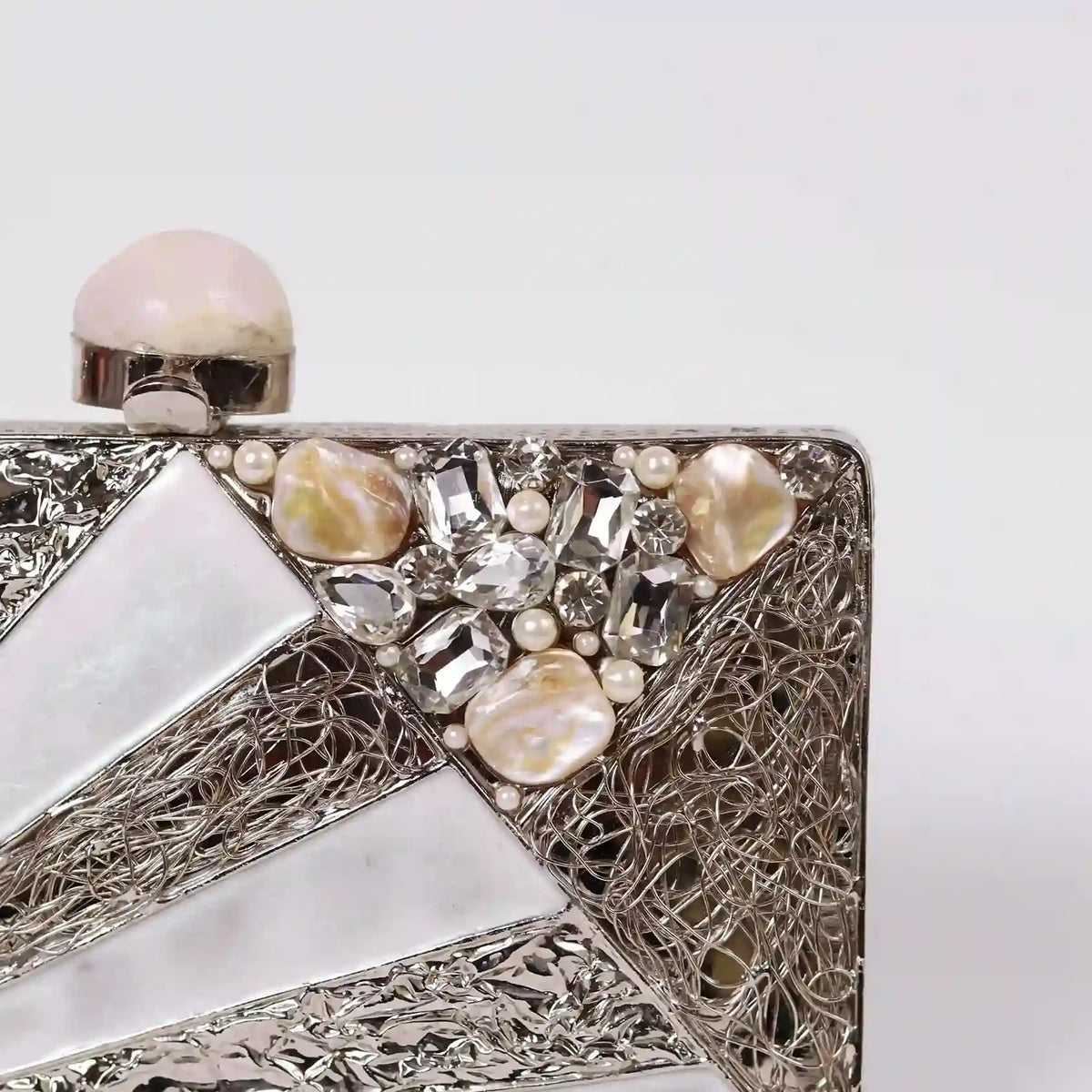 Elegant Iqra Embellished Mother of Pearl Clutch by The Tan Clan with intricate pearl detailing and a sleek design.