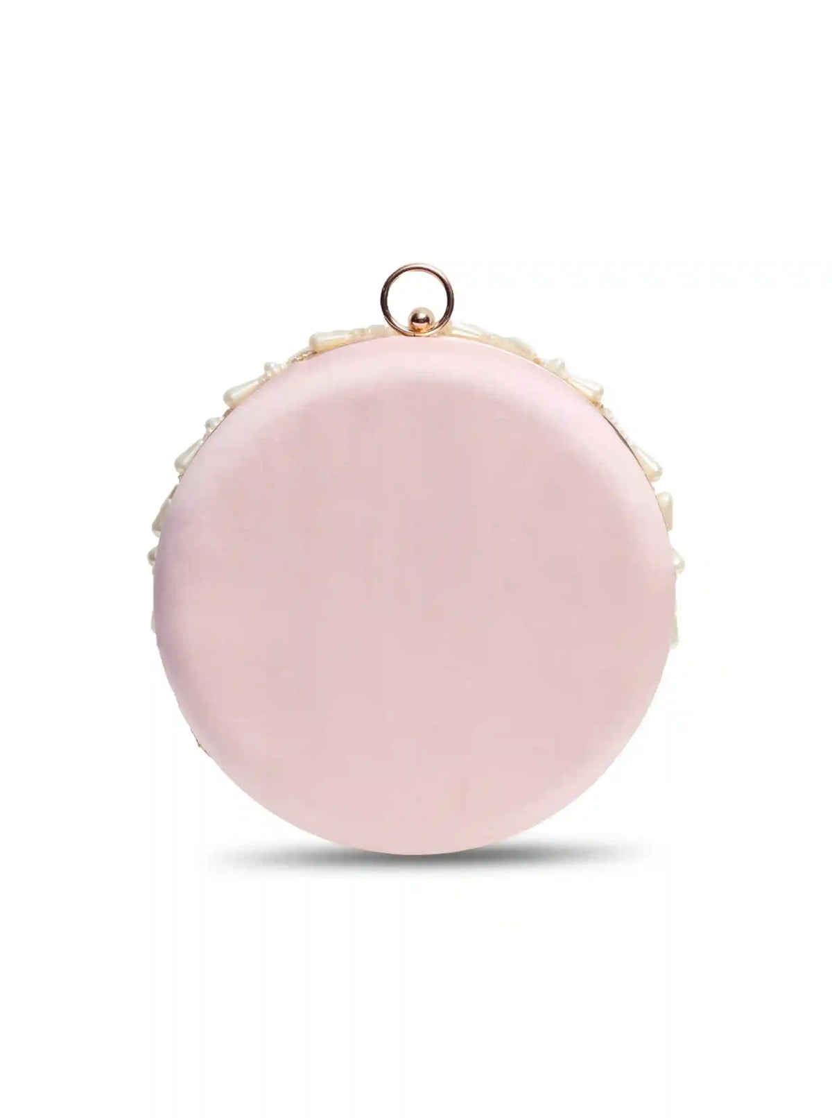 Round hand-embroidered clutch by The Tan Clan with tassels, featuring intricate embroidery and a stylish design.