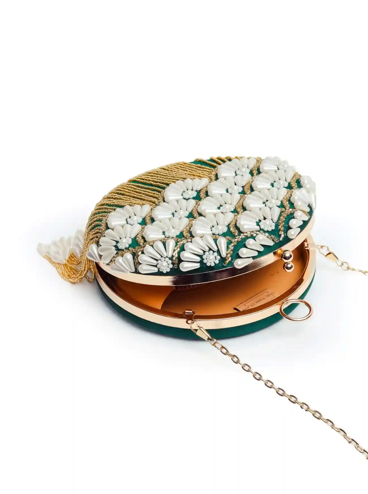 Round hand-embroidered clutch with tassels by The Tan Clan, featuring intricate embroidery and stylish tassel accents.