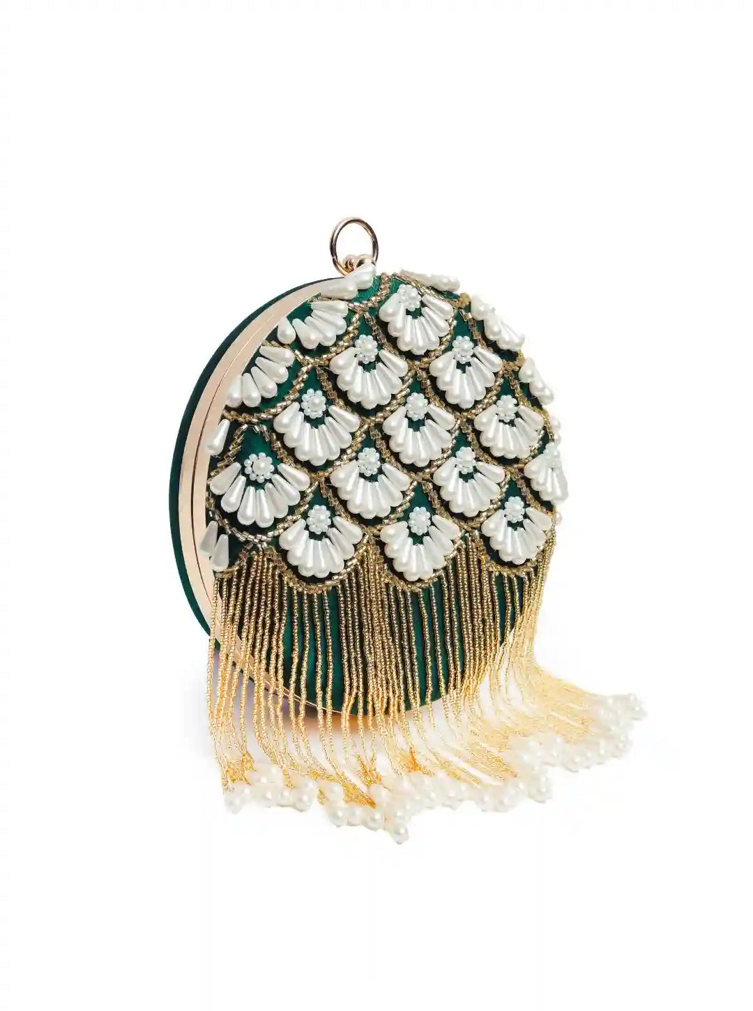 Round Irsa hand-embroidered clutch by The Tan Clan with tassels, showcasing intricate embroidery and stylish design.