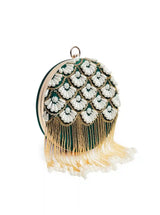 Round embroidered clutch with tassels by The Tan Clan, featuring intricate hand embroidery and a stylish, compact design.