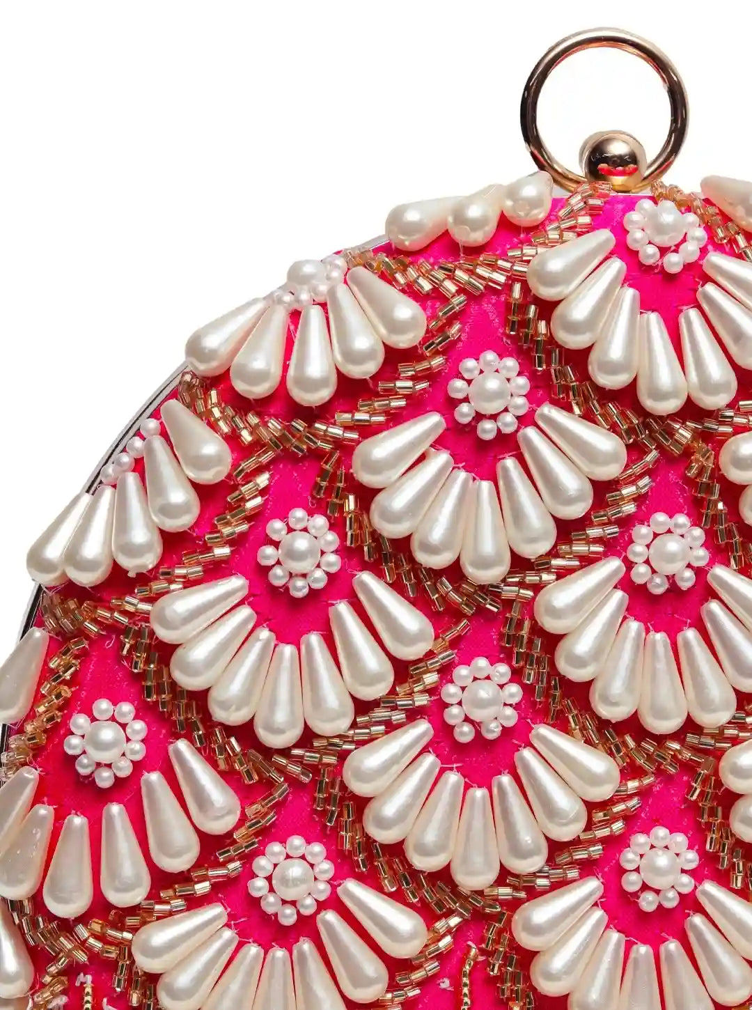 Irsa round hand-embroidered clutch by The Tan Clan with tassels, featuring colorful embroidery and a compact, stylish design