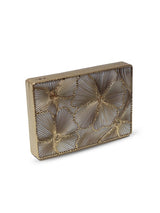 Isa Mother of Pearl Clutch by The Tan Clan featuring iridescent pearl exterior and sleek design, perfect for elegant occasions.