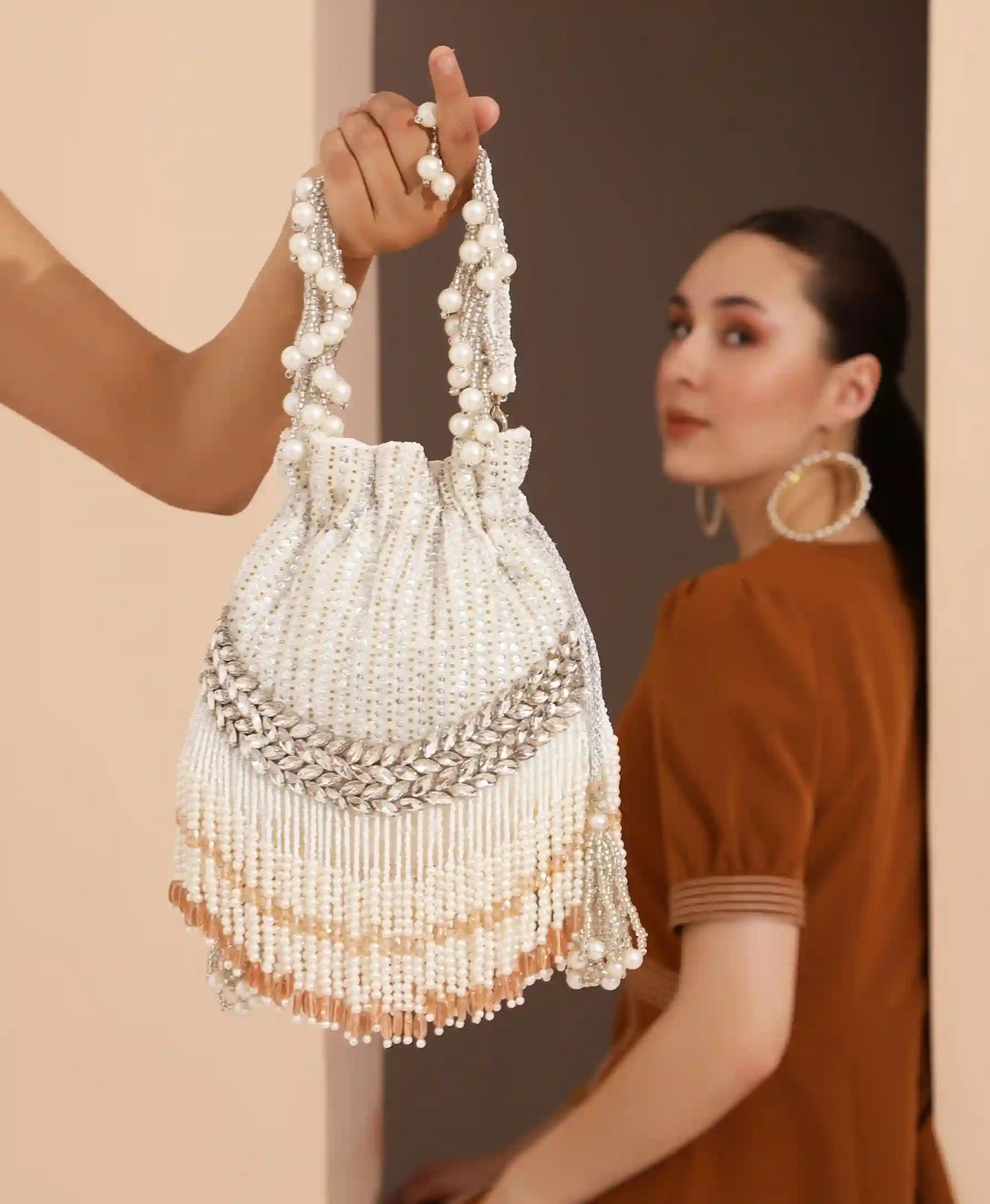 Jalsa Potli Bag with Handle by The Tan Clan, stylish fabric handbag featuring traditional design and drawstring closure.