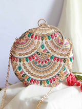 Multicolour embroidered clutch purse by The Tan Clan with intricate designs and a sleek rectangular shape.