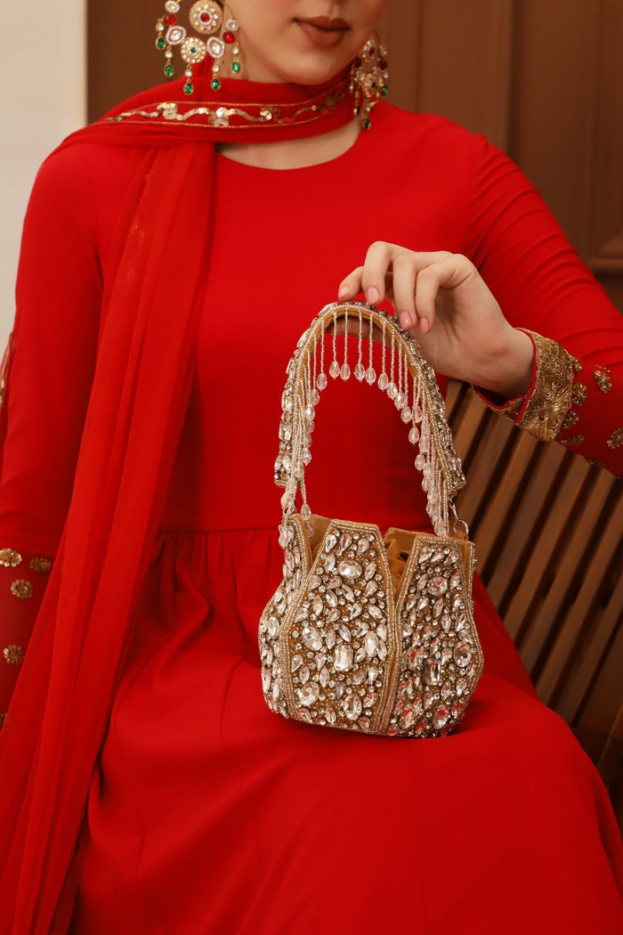 Jhalak Potli Bag with Handle by The Tan Clan featuring intricate embroidery and traditional design for elegant occasions