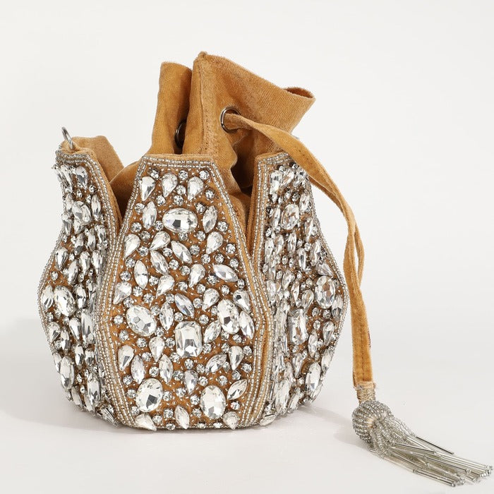 Jhalak Potli Bag with Handle by The Tan Clan, featuring intricate embroidery and traditional design, suitable for festive occasions.