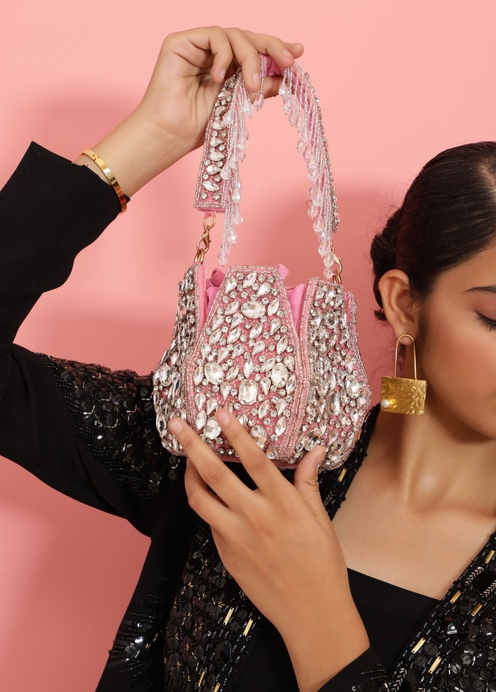 Tan Clan Jhalak Potli Bag with Handle, featuring intricate embroidery and a drawstring closure, perfect for traditional occasions.