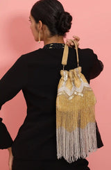 Jhoomar Potli bag with handle from The Tan Clan, featuring traditional embroidery and a compact, stylish design for festive occasions.