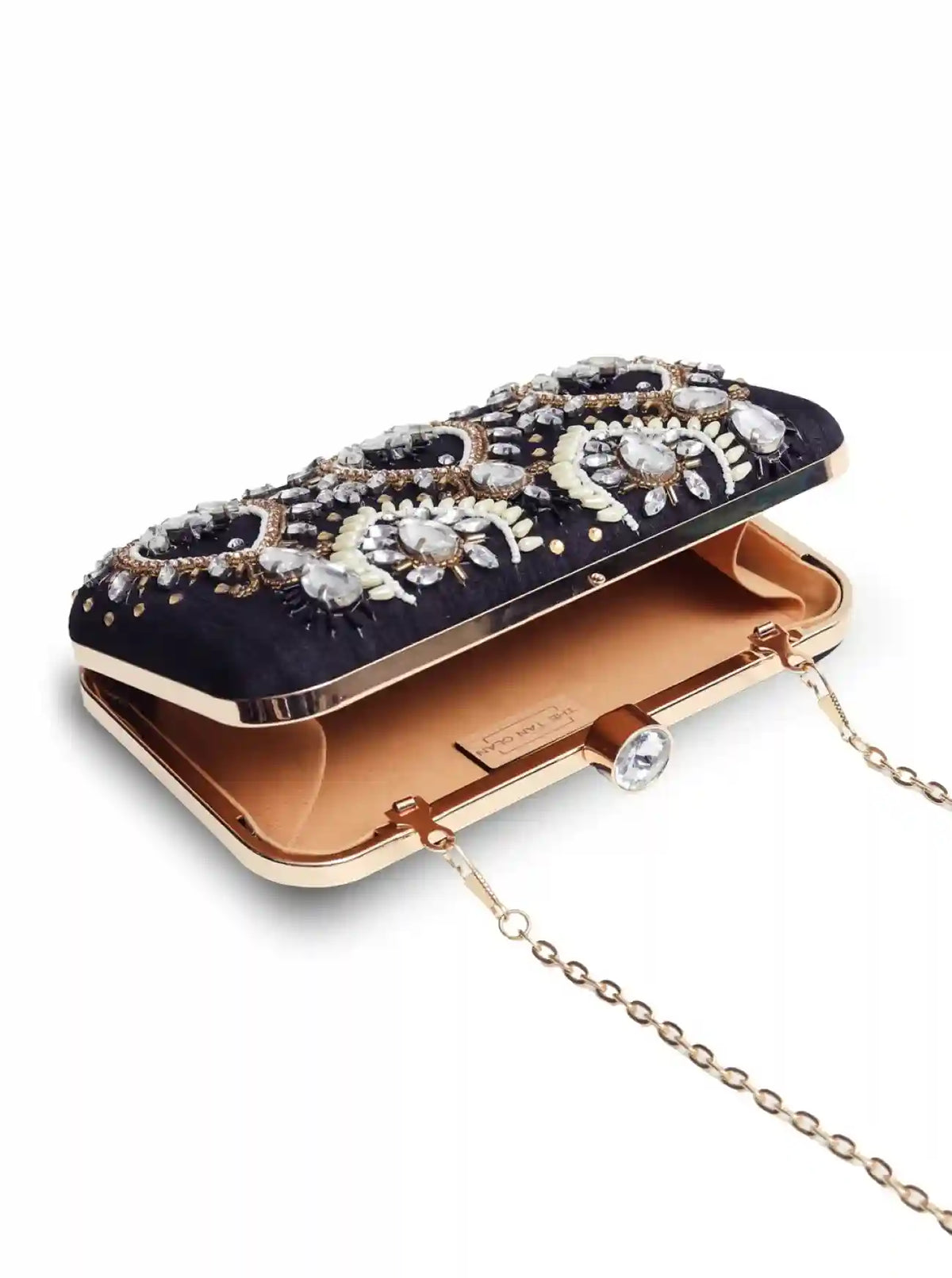 Hand-embroidered Kalah clutch by The Tan Clan featuring intricate embroidery and a compact, stylish design.