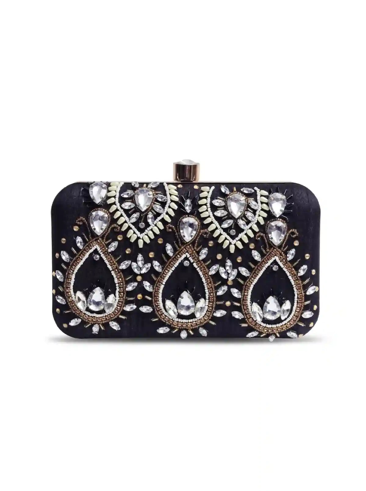Hand-embroidered Kalah clutch purse by The Tan Clan featuring intricate traditional embroidery and a compact, stylish design.