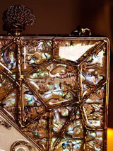 Lihaaz Mother of Pearl brass clutch by The Tan Clan featuring intricate design and elegant craftsmanship.