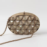 Maya 3D Mother of Pearl Clutch by The Tan Clan featuring iridescent pearl finish and elegant design for evening occasions.