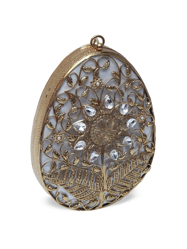 Mia Intricate Brass Clutch by The Tan Clan featuring detailed brass craftsmanship and a sleek, elegant design.