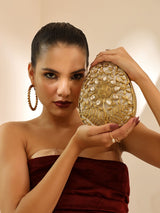 Mia Intricate Brass Clutch by The Tan Clan featuring detailed brass craftsmanship and elegant design.
