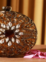 Mirza brass clutch by The Tan Clan featuring intricate embellishments and detailed craftsmanship, stylish and elegant for special occasions.