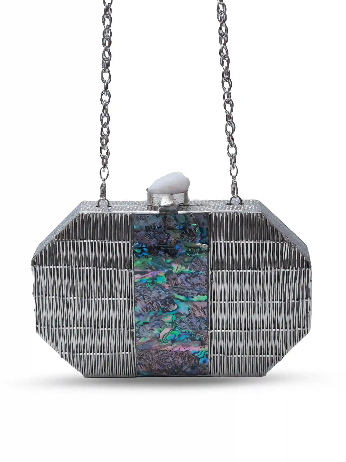Silver Mother of Pearl clutch bag by The Tan Clan featuring a sleek, elegant design with shimmering surface and compact size.