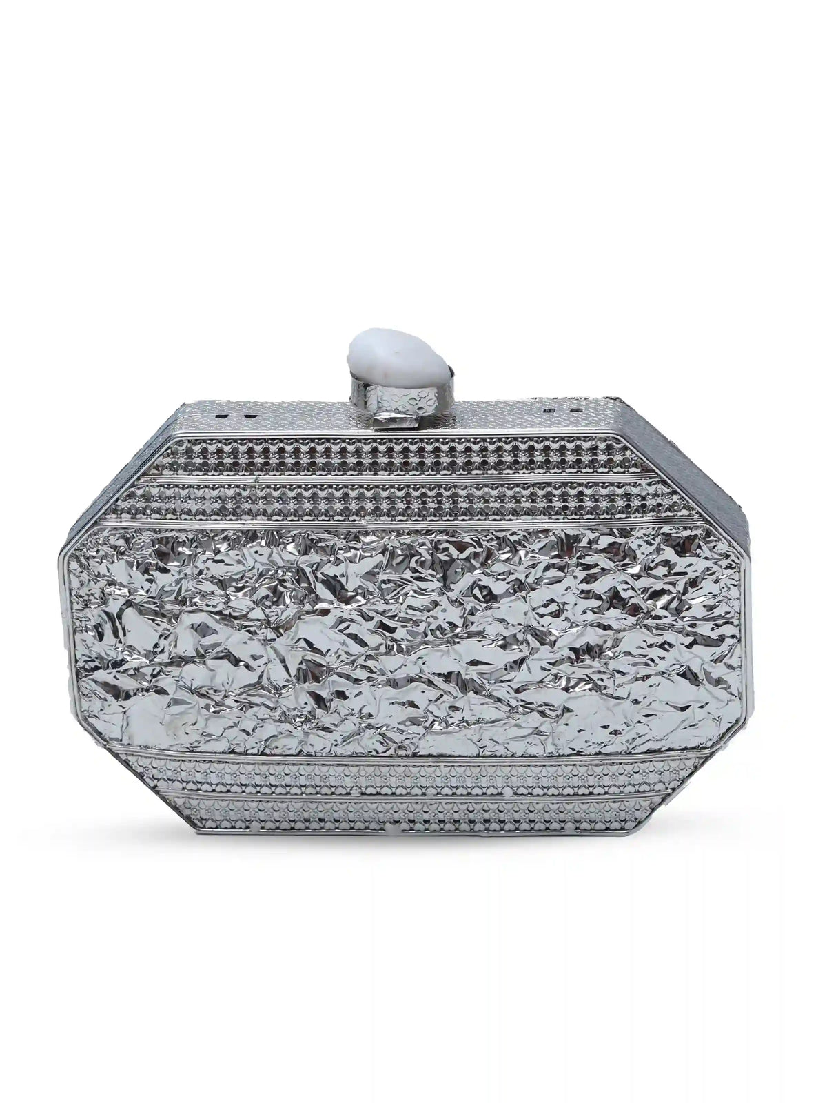 Silver mother of pearl clutch bag with a sleek design from The Tan Clan, featuring a smooth, reflective surface and elegant style.
