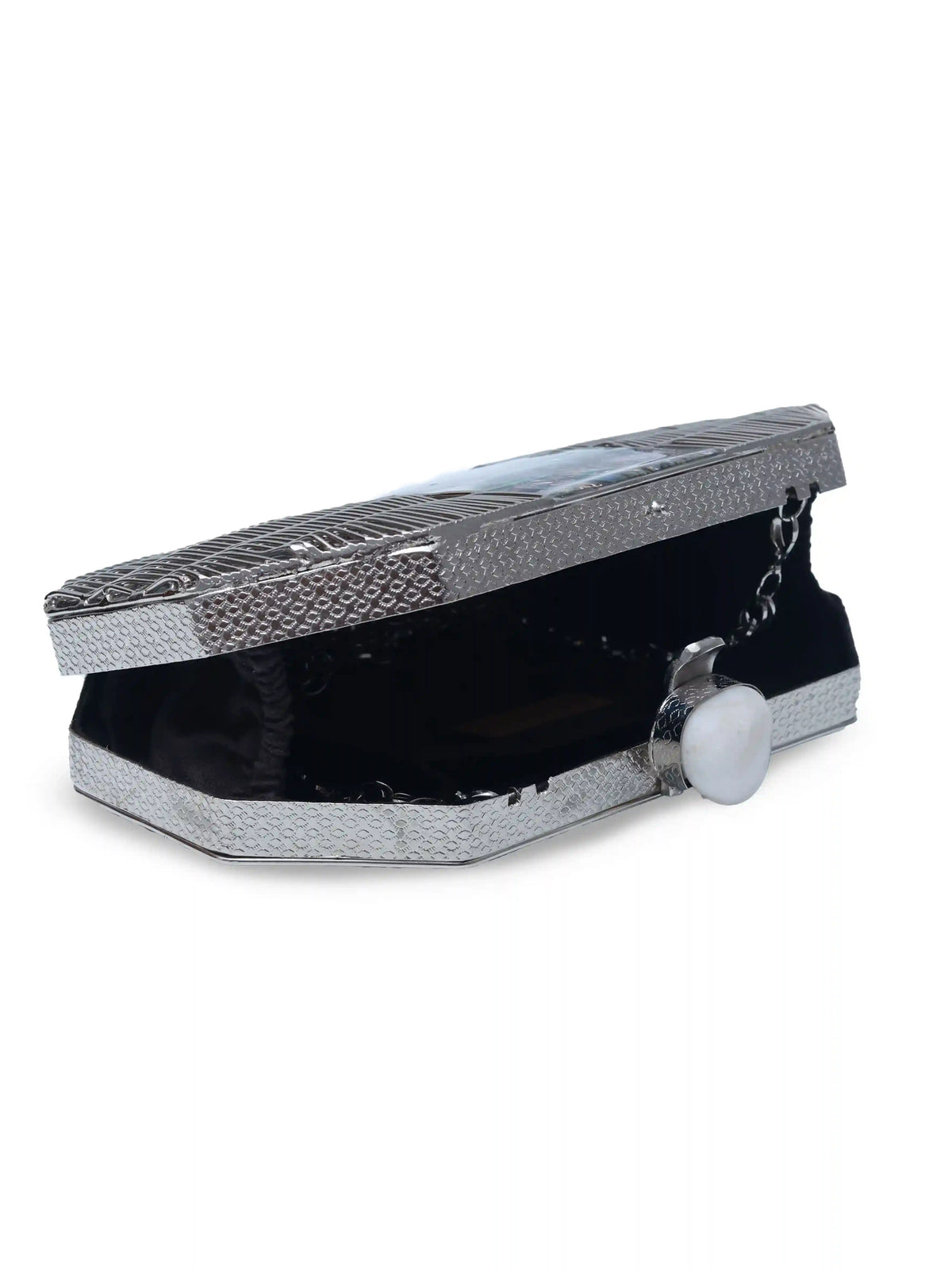 Silver mother of pearl clutch purse with elegant design by The Tan Clan, featuring a sleek, shiny exterior and compact size.