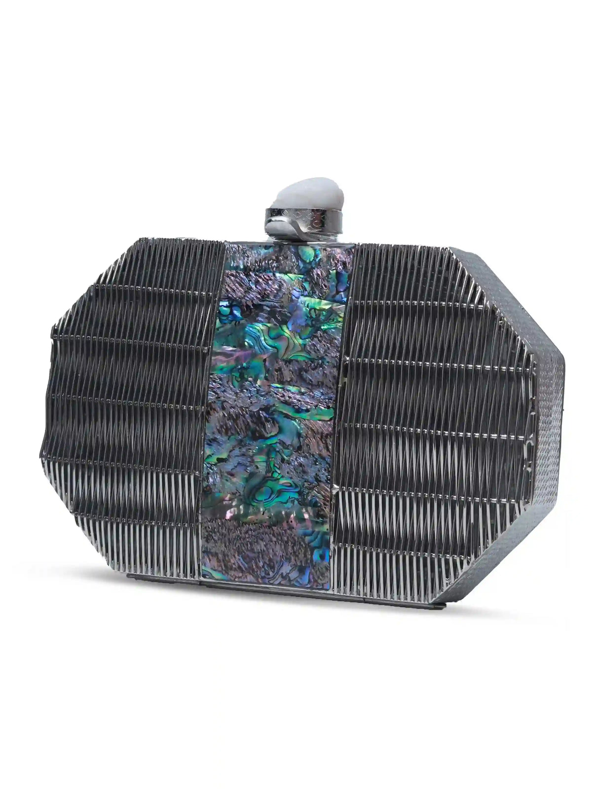 Silver mother of pearl clutch bag by The Tan Clan with a sleek, elegant design and subtle shimmer.